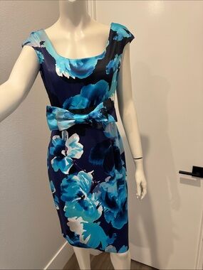 Joseph Ribkoff Navy & Turquoise Floral Midi Dress with Waist Bow